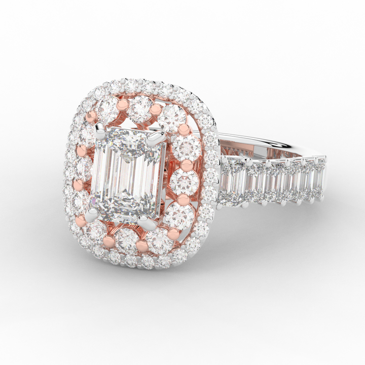 4.70CT.TW EMERALD CUT LAB DIAMOND DOUBLE HALO TWO TONE ENGAGEMENT RING - Nazarelle