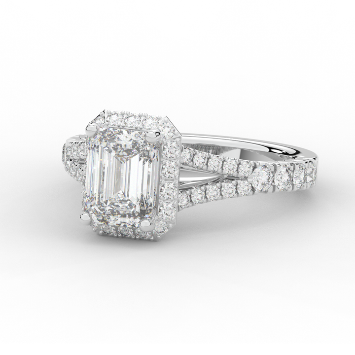 2.60CT.TW EMERALD CUT LAB DIAMOND SPLIT SHANK HALO ENGAGEMENT RING - Nazarelle