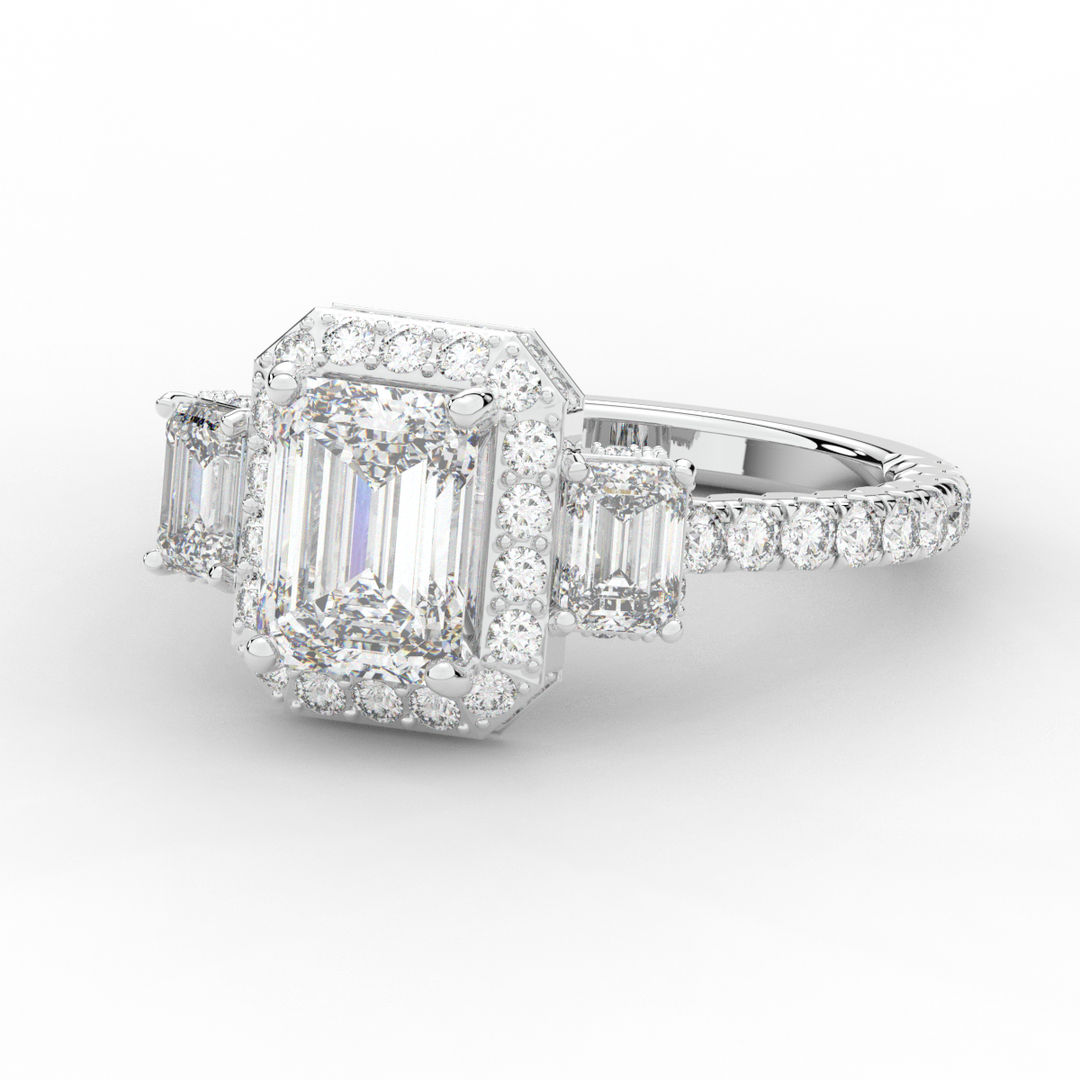 3.20CT.TW EMERALD CUT LAB DIAMOND 3 STONE ENGAGEMENT RING - Nazarelle