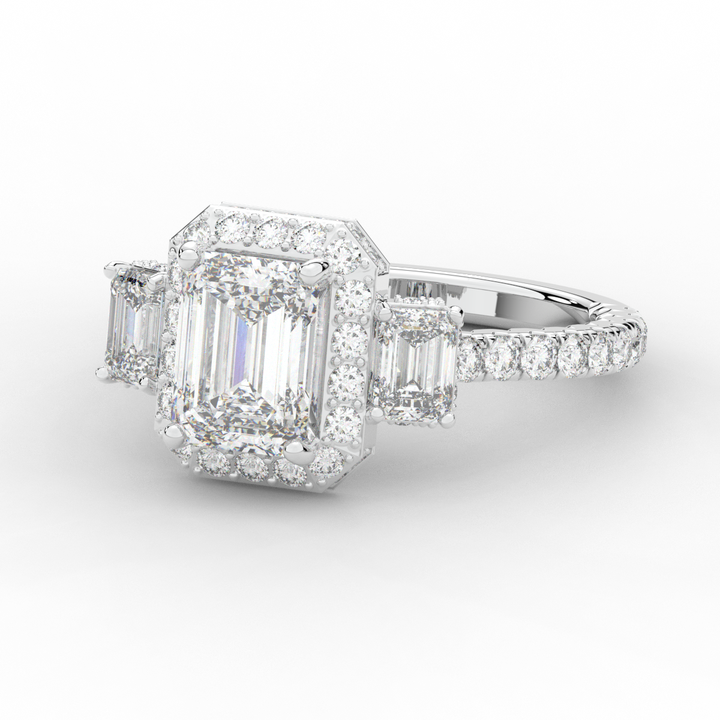 3.20CT.TW EMERALD CUT LAB DIAMOND 3 STONE ENGAGEMENT RING - Nazarelle