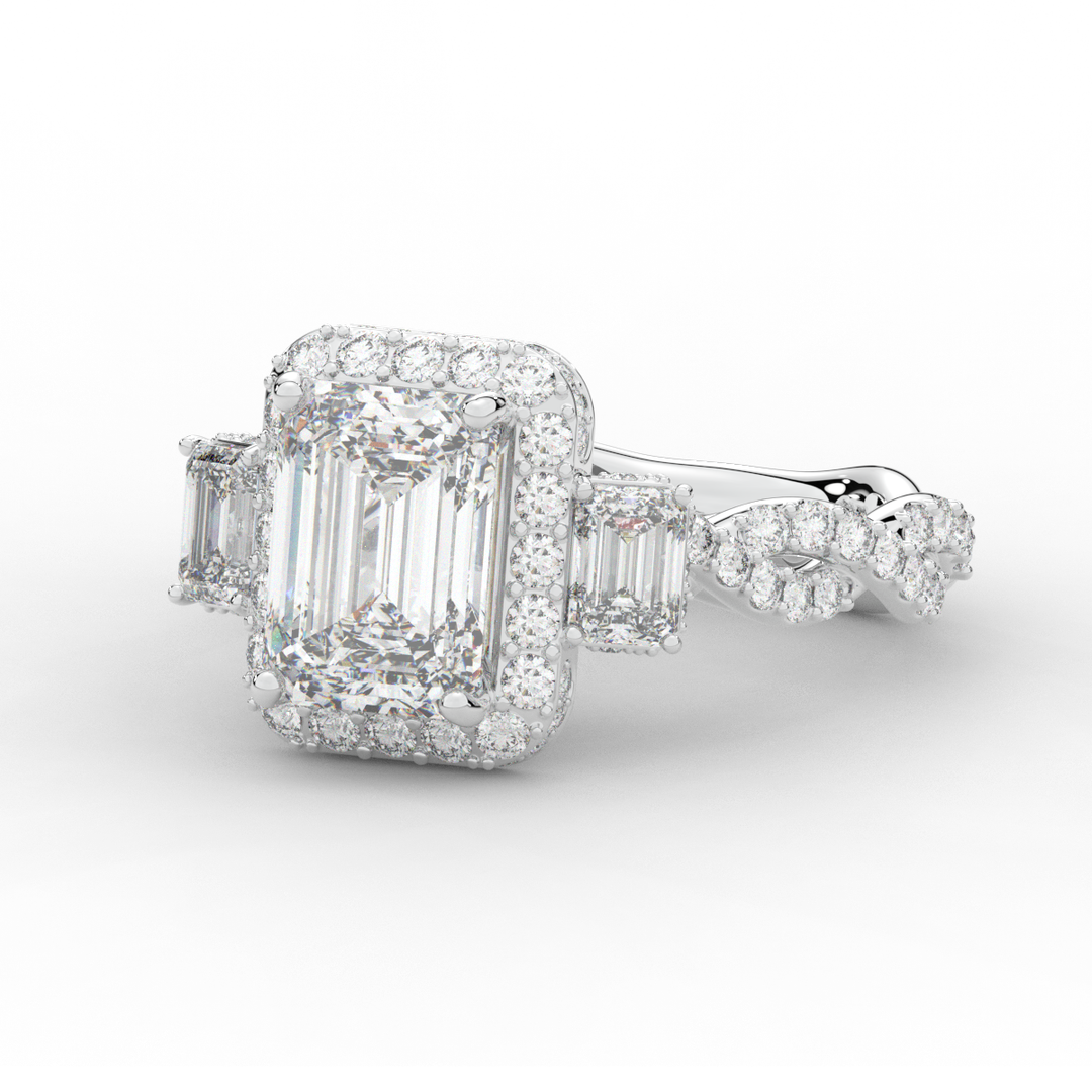 4.70CT.TW EMERALD CUT LAB DIAMOND 3 STONE ENGAGEMENT RING - Nazarelle