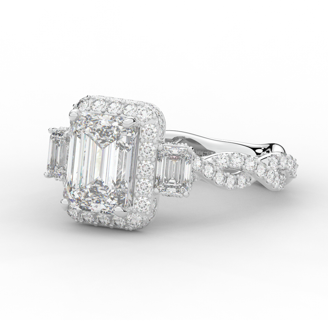 4.70CT.TW EMERALD CUT LAB DIAMOND 3 STONE ENGAGEMENT RING - Nazarelle
