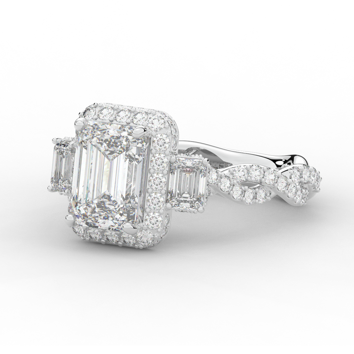 4.70CT.TW EMERALD CUT LAB DIAMOND 3 STONE ENGAGEMENT RING - Nazarelle