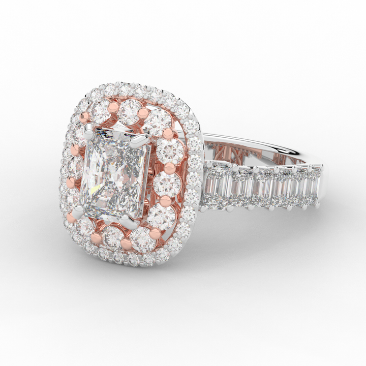 4.70CT.TW RADIANT LAB DIAMOND DOUBLE HALO TWO TONE ENGAGEMENT RING - Nazarelle
