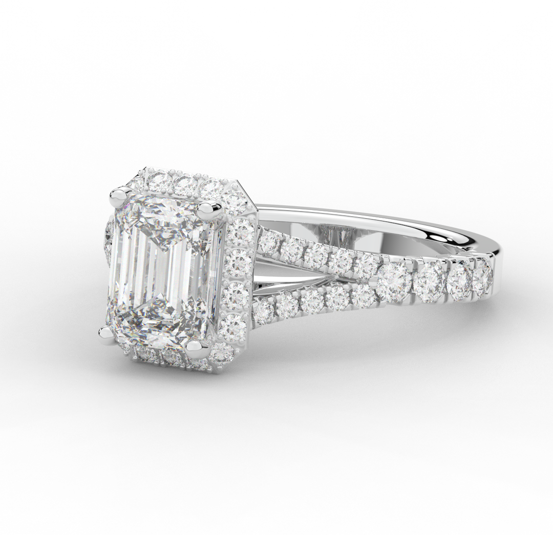 2.60CT.TW EMERALD CUT LAB DIAMOND SPLIT SHANK HALO ENGAGEMENT RING - Nazarelle