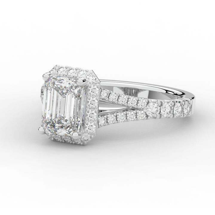 2.60CT.TW EMERALD CUT LAB DIAMOND SPLIT SHANK HALO ENGAGEMENT RING - Nazarelle
