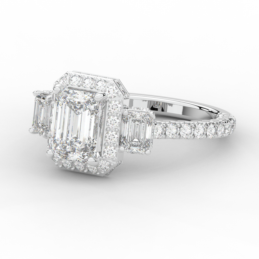 3.20CT.TW EMERALD CUT LAB DIAMOND 3 STONE ENGAGEMENT RING - Nazarelle