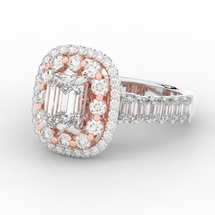 4.70CT.TW EMERALD CUT LAB DIAMOND DOUBLE HALO TWO TONE ENGAGEMENT RING - Nazarelle
