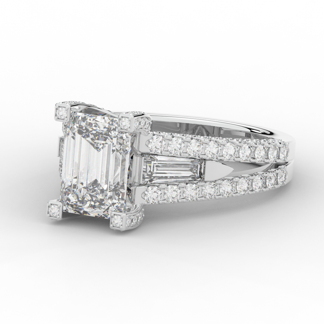 4.60CT.TW EMERALD CUT LAB DIAMOND SPLIT SHANK ENGAGEMENT RING - Nazarelle