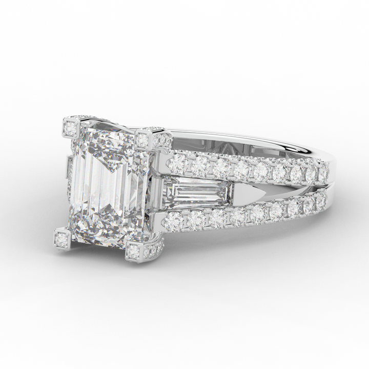 4.60CT.TW EMERALD CUT LAB DIAMOND SPLIT SHANK ENGAGEMENT RING - Nazarelle