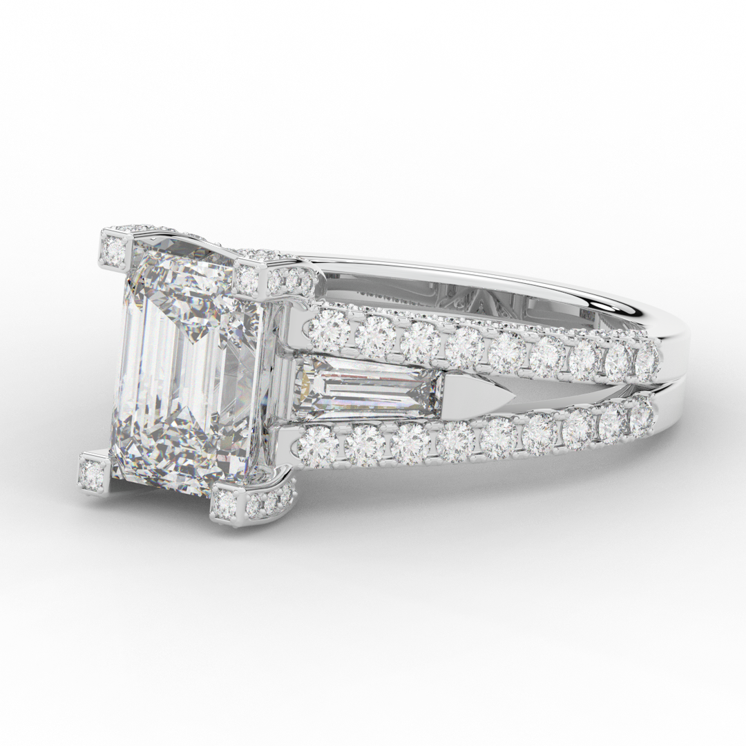 4.60CT.TW EMERALD CUT LAB DIAMOND SPLIT SHANK ENGAGEMENT RING - Nazarelle