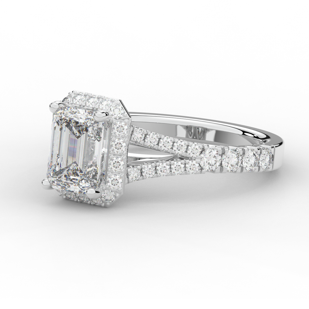 2.60CT.TW EMERALD CUT LAB DIAMOND SPLIT SHANK HALO ENGAGEMENT RING - Nazarelle
