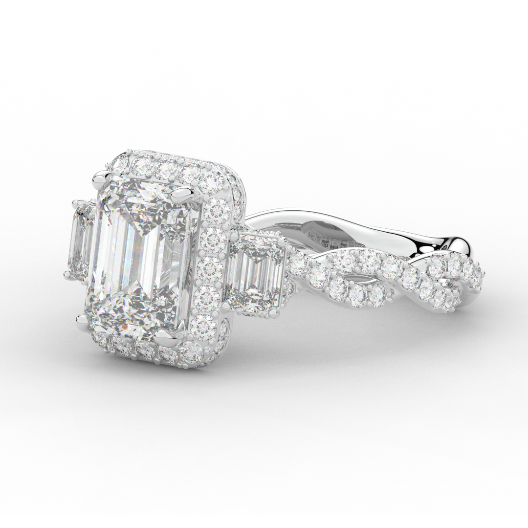 4.70CT.TW EMERALD CUT LAB DIAMOND 3 STONE ENGAGEMENT RING - Nazarelle