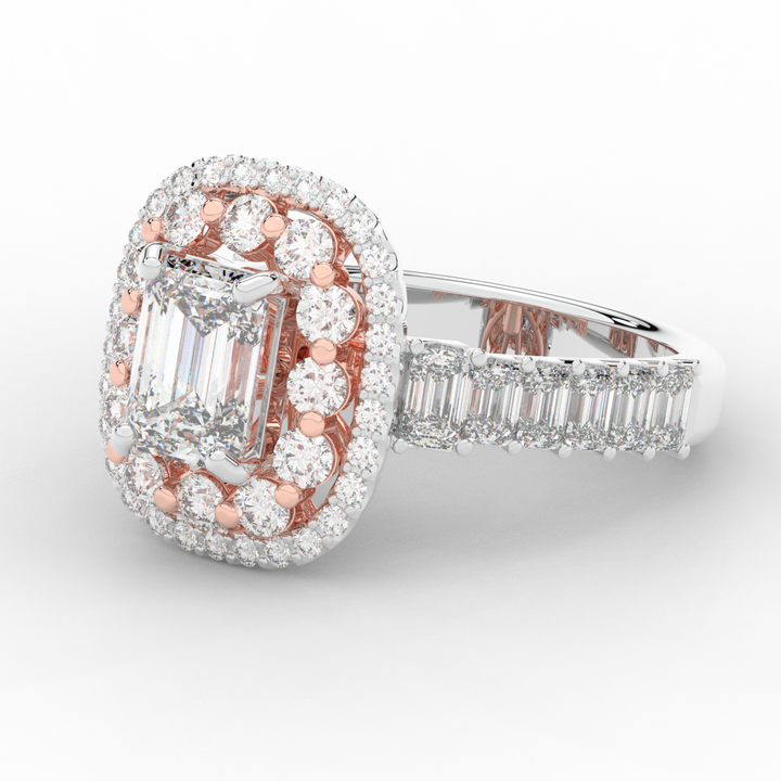 4.70CT.TW EMERALD CUT LAB DIAMOND DOUBLE HALO TWO TONE ENGAGEMENT RING - Nazarelle