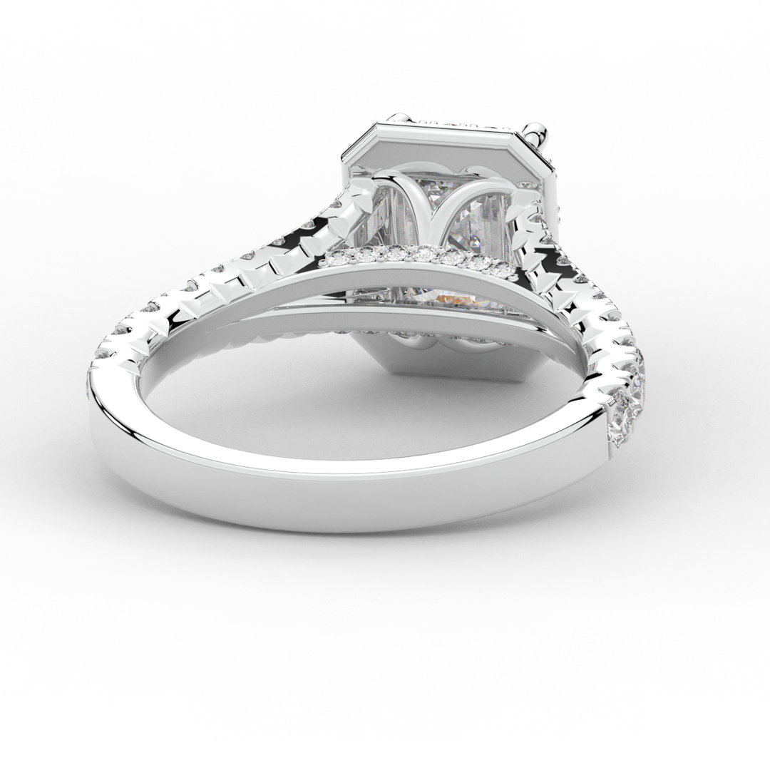 2.60CT.TW EMERALD CUT LAB DIAMOND SPLIT SHANK HALO ENGAGEMENT RING - Nazarelle