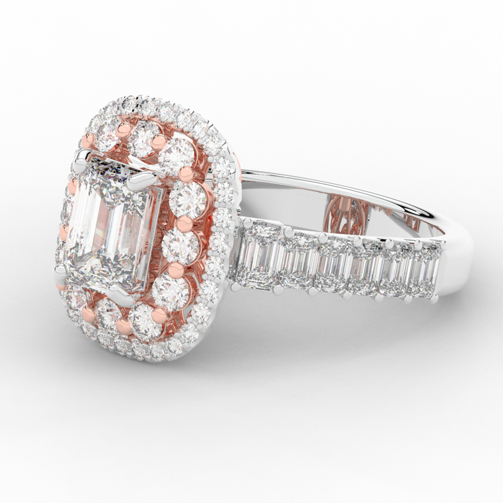 4.70CT.TW EMERALD CUT LAB DIAMOND DOUBLE HALO TWO TONE ENGAGEMENT RING - Nazarelle
