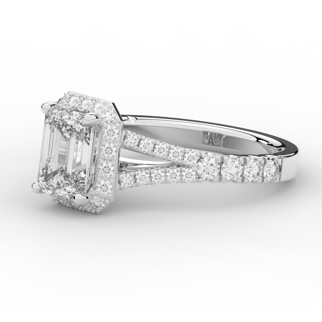 2.60CT.TW EMERALD CUT LAB DIAMOND SPLIT SHANK HALO ENGAGEMENT RING - Nazarelle