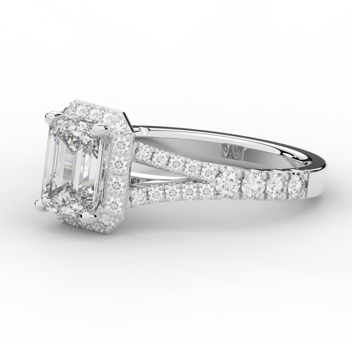 2.60CT.TW EMERALD CUT LAB DIAMOND SPLIT SHANK HALO ENGAGEMENT RING - Nazarelle