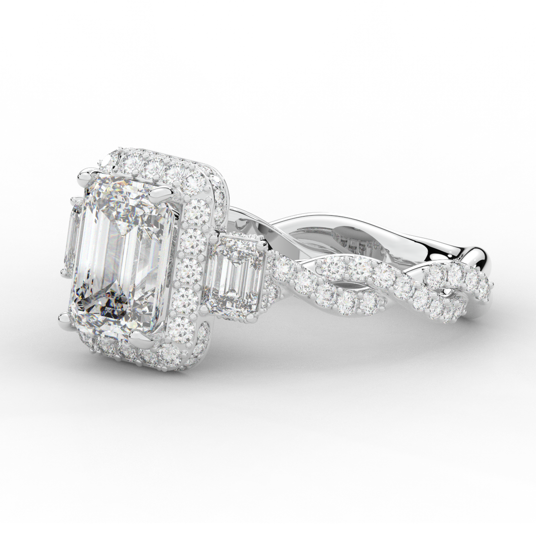 4.70CT.TW EMERALD CUT LAB DIAMOND 3 STONE ENGAGEMENT RING - Nazarelle