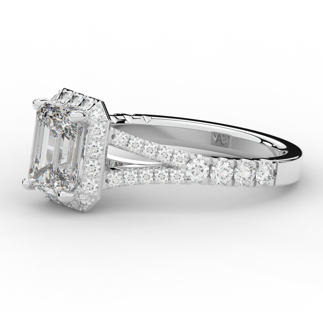 2.60CT.TW EMERALD CUT LAB DIAMOND SPLIT SHANK HALO ENGAGEMENT RING - Nazarelle
