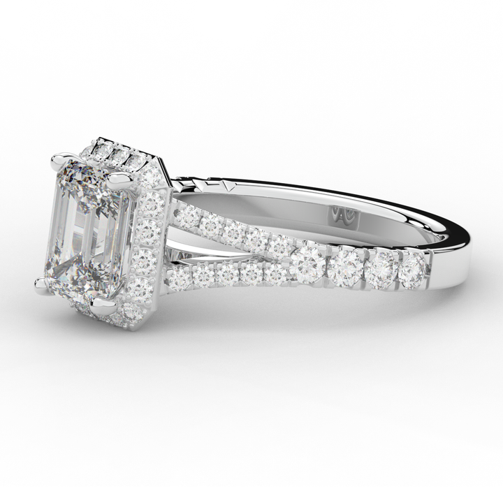 2.60CT.TW EMERALD CUT LAB DIAMOND SPLIT SHANK HALO ENGAGEMENT RING - Nazarelle