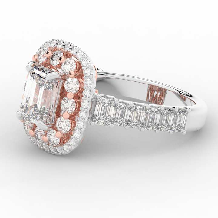 4.70CT.TW EMERALD CUT LAB DIAMOND DOUBLE HALO TWO TONE ENGAGEMENT RING - Nazarelle