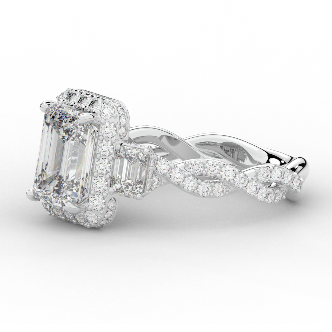 4.70CT.TW EMERALD CUT LAB DIAMOND 3 STONE ENGAGEMENT RING - Nazarelle