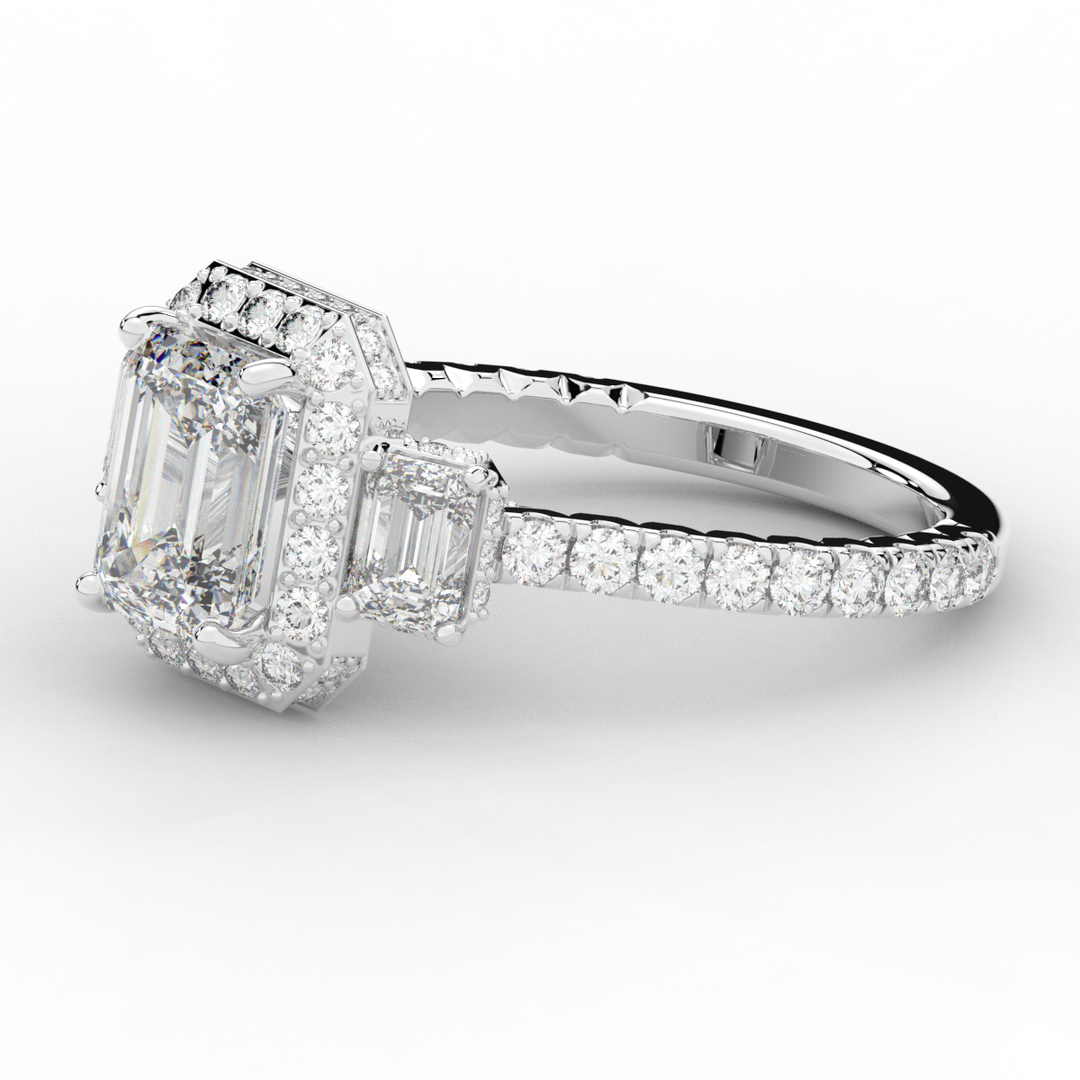 3.20CT.TW EMERALD CUT LAB DIAMOND 3 STONE ENGAGEMENT RING - Nazarelle