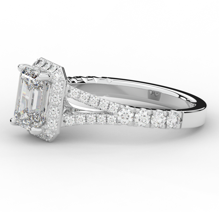 2.60CT.TW EMERALD CUT LAB DIAMOND SPLIT SHANK HALO ENGAGEMENT RING - Nazarelle