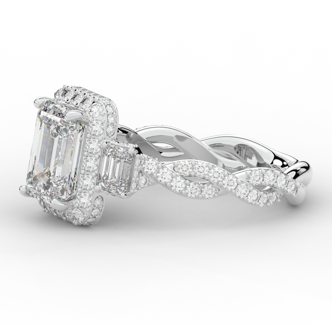 4.70CT.TW EMERALD CUT LAB DIAMOND 3 STONE ENGAGEMENT RING - Nazarelle