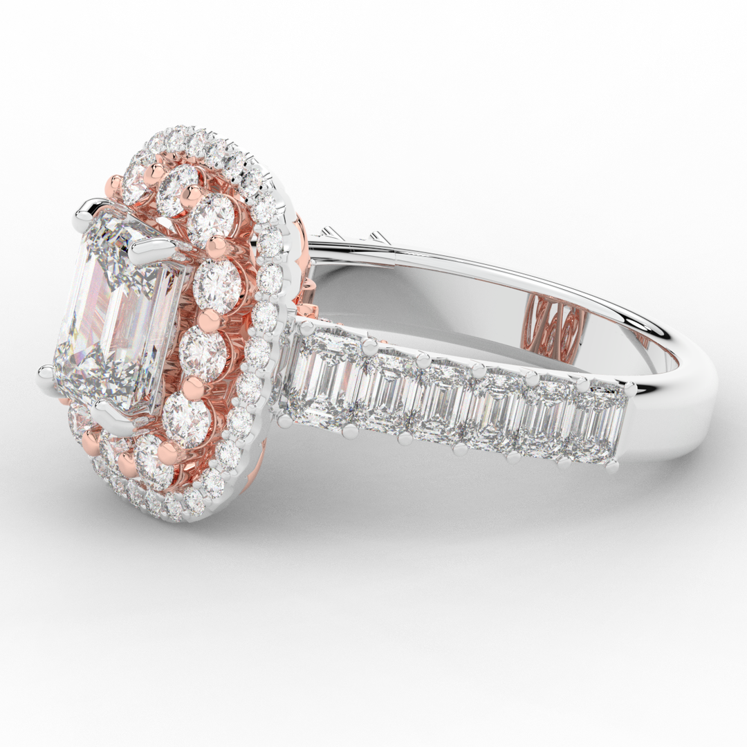 4.70CT.TW EMERALD CUT LAB DIAMOND DOUBLE HALO TWO TONE ENGAGEMENT RING - Nazarelle