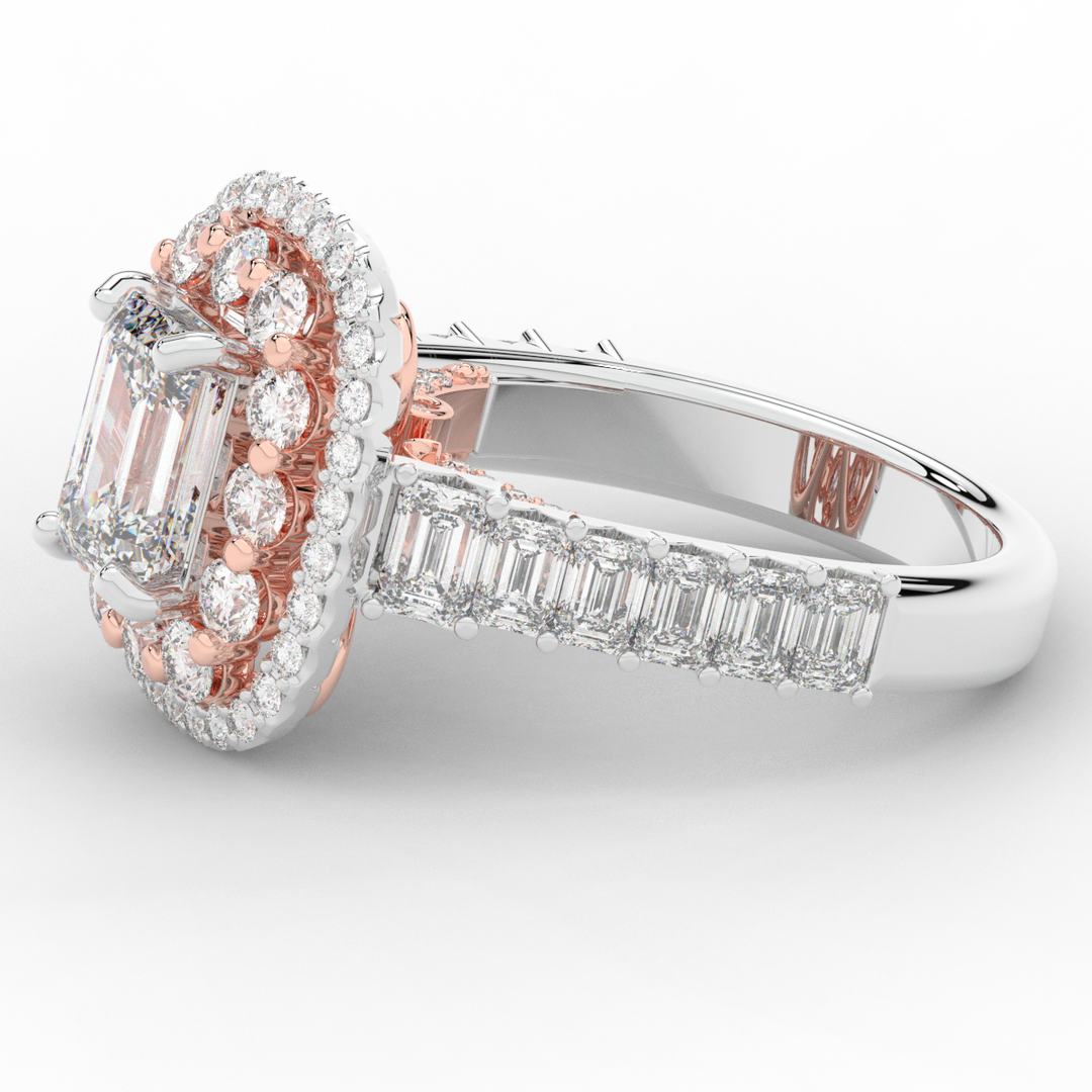 4.70CT.TW EMERALD CUT LAB DIAMOND DOUBLE HALO TWO TONE ENGAGEMENT RING - Nazarelle