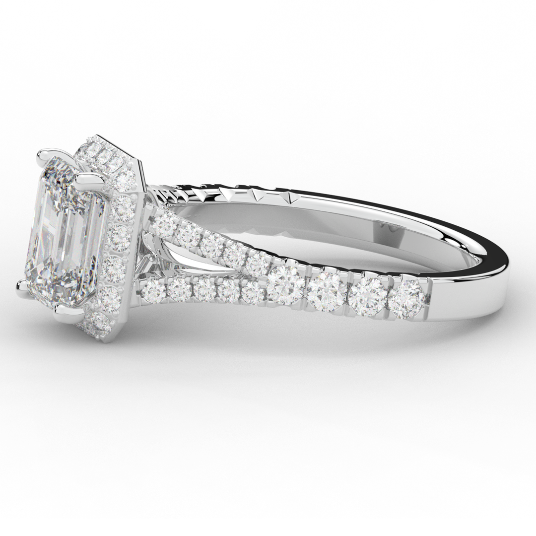 2.60CT.TW EMERALD CUT LAB DIAMOND SPLIT SHANK HALO ENGAGEMENT RING - Nazarelle