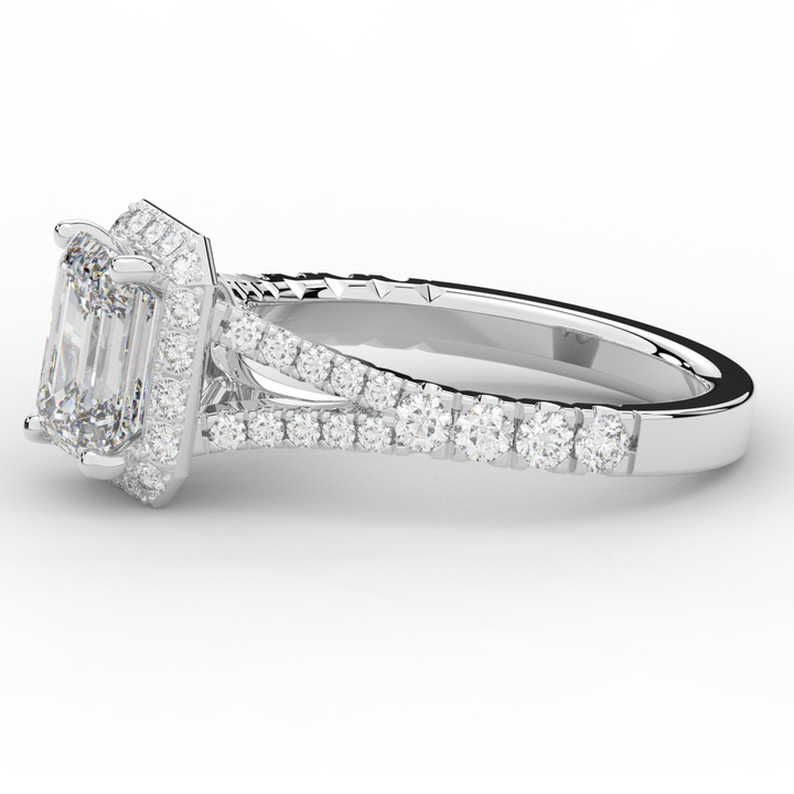 2.60CT.TW EMERALD CUT LAB DIAMOND SPLIT SHANK HALO ENGAGEMENT RING - Nazarelle