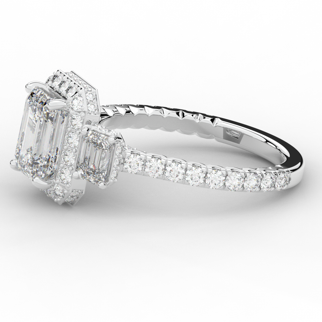3.20CT.TW EMERALD CUT LAB DIAMOND 3 STONE ENGAGEMENT RING - Nazarelle