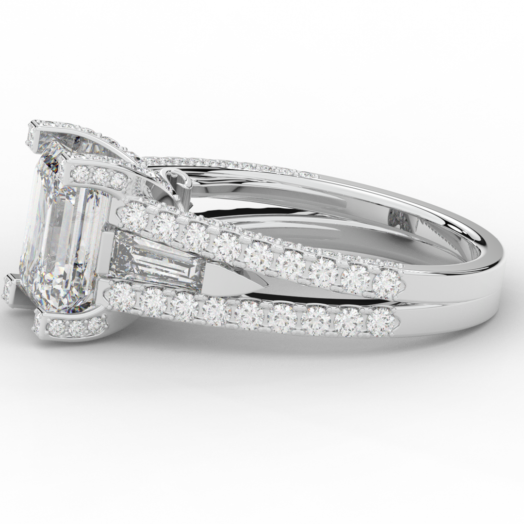 4.60CT.TW EMERALD CUT LAB DIAMOND SPLIT SHANK ENGAGEMENT RING - Nazarelle