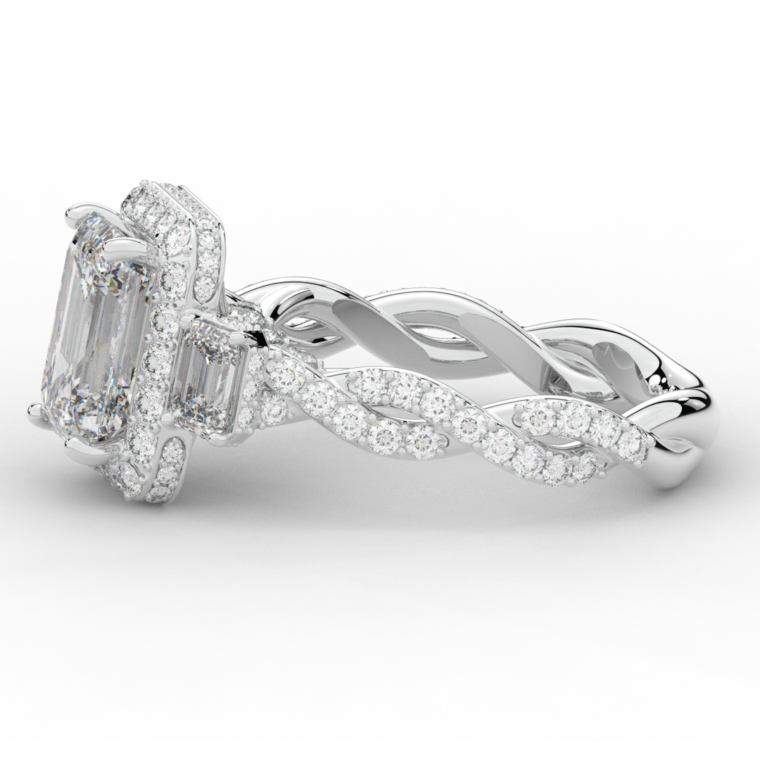 4.70CT.TW EMERALD CUT LAB DIAMOND 3 STONE ENGAGEMENT RING - Nazarelle