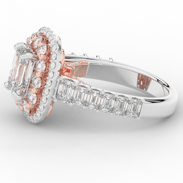 4.70CT.TW EMERALD CUT LAB DIAMOND DOUBLE HALO TWO TONE ENGAGEMENT RING - Nazarelle