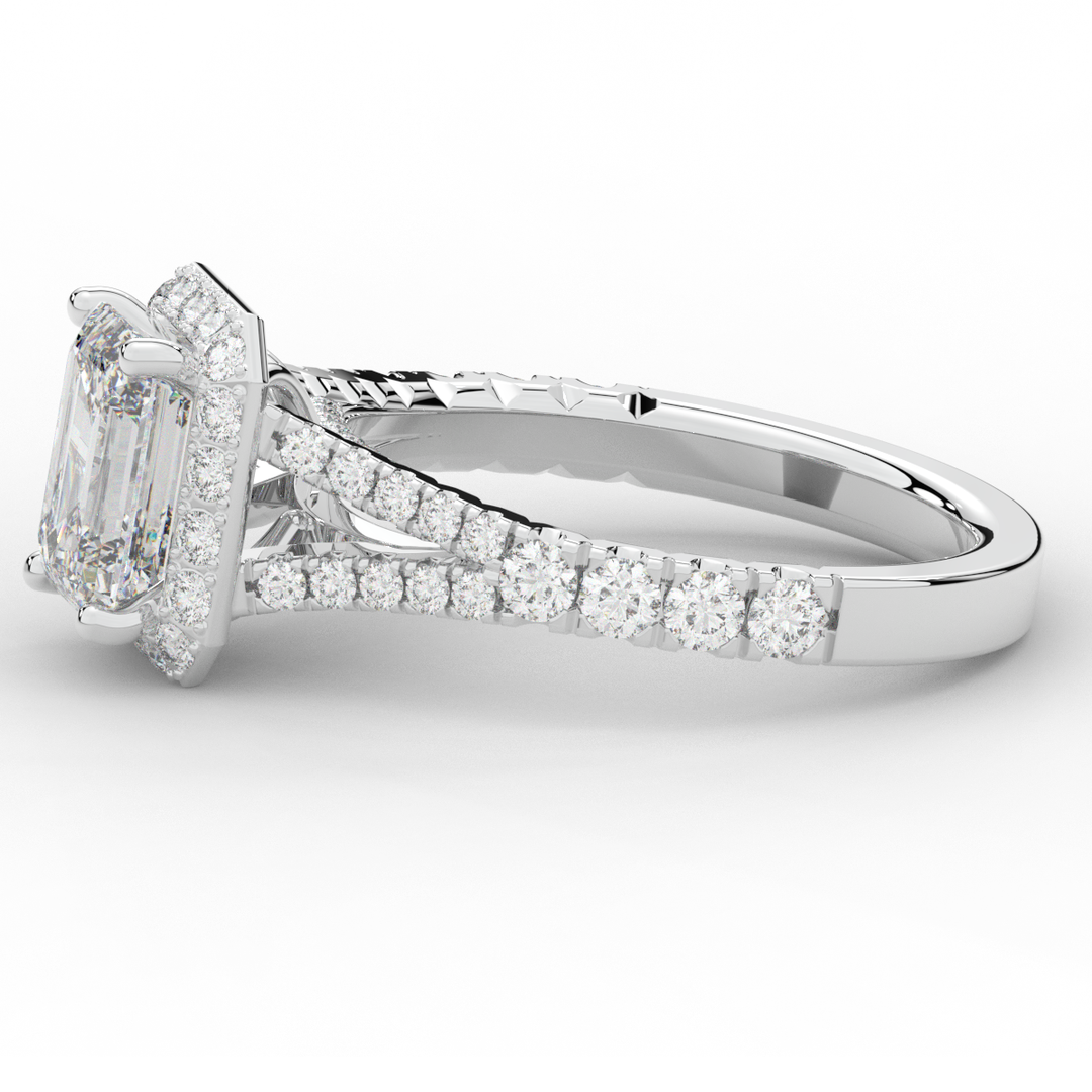 2.60CT.TW EMERALD CUT LAB DIAMOND SPLIT SHANK HALO ENGAGEMENT RING - Nazarelle