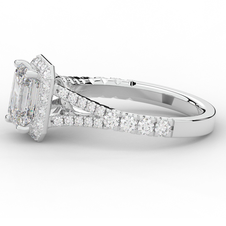 2.60CT.TW EMERALD CUT LAB DIAMOND SPLIT SHANK HALO ENGAGEMENT RING - Nazarelle