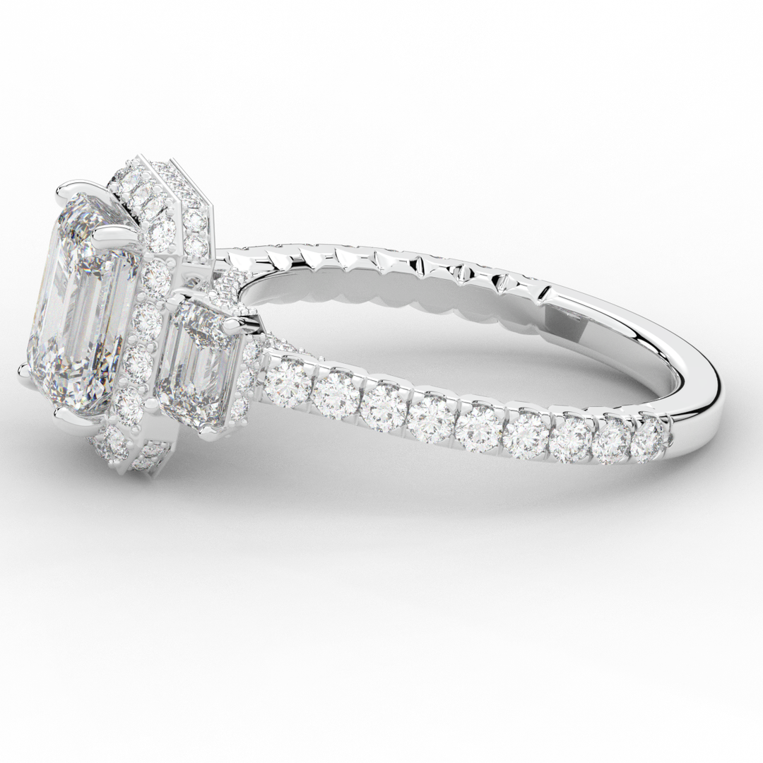 3.20CT.TW EMERALD CUT LAB DIAMOND 3 STONE ENGAGEMENT RING - Nazarelle
