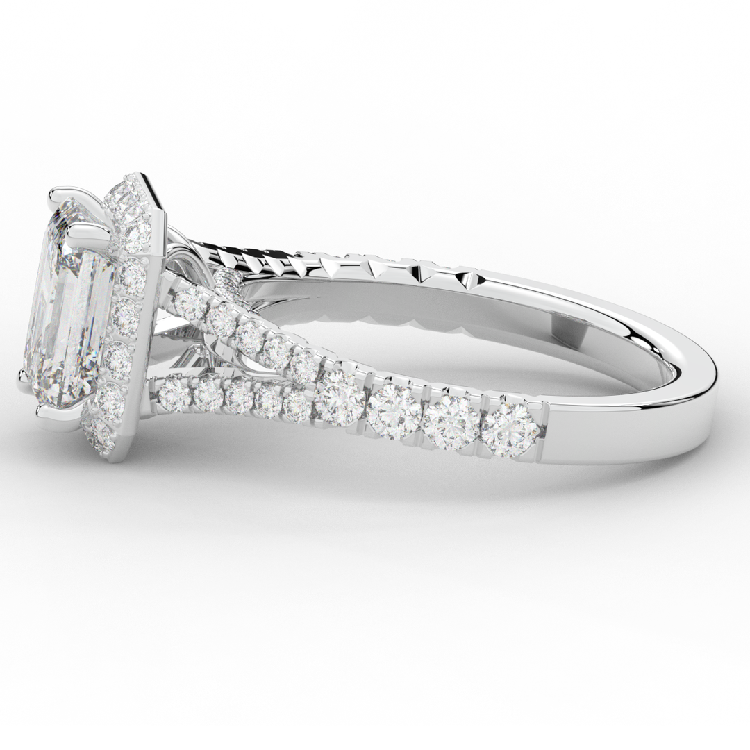 2.60CT.TW EMERALD CUT LAB DIAMOND SPLIT SHANK HALO ENGAGEMENT RING - Nazarelle