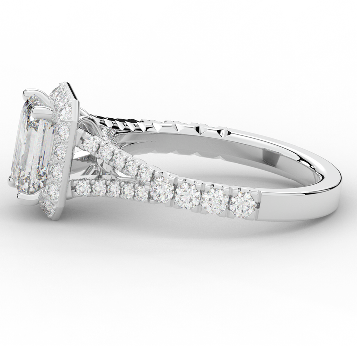 2.60CT.TW EMERALD CUT LAB DIAMOND SPLIT SHANK HALO ENGAGEMENT RING - Nazarelle