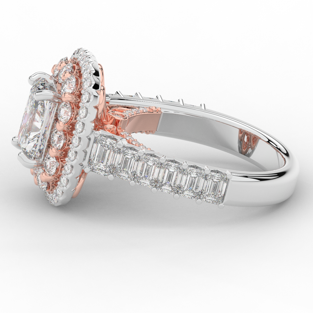 4.70CT.TW RADIANT LAB DIAMOND DOUBLE HALO TWO TONE ENGAGEMENT RING - Nazarelle