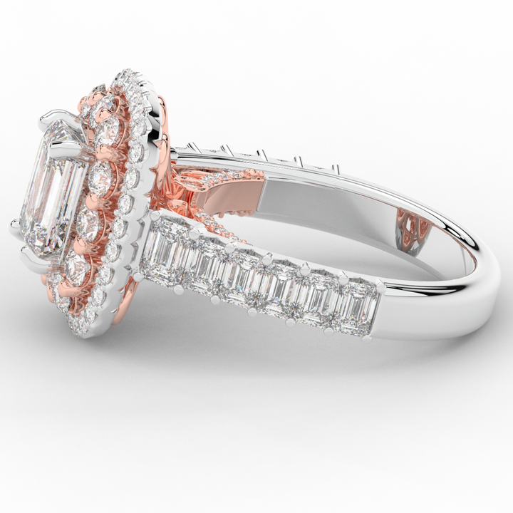 4.70CT.TW EMERALD CUT LAB DIAMOND DOUBLE HALO TWO TONE ENGAGEMENT RING - Nazarelle
