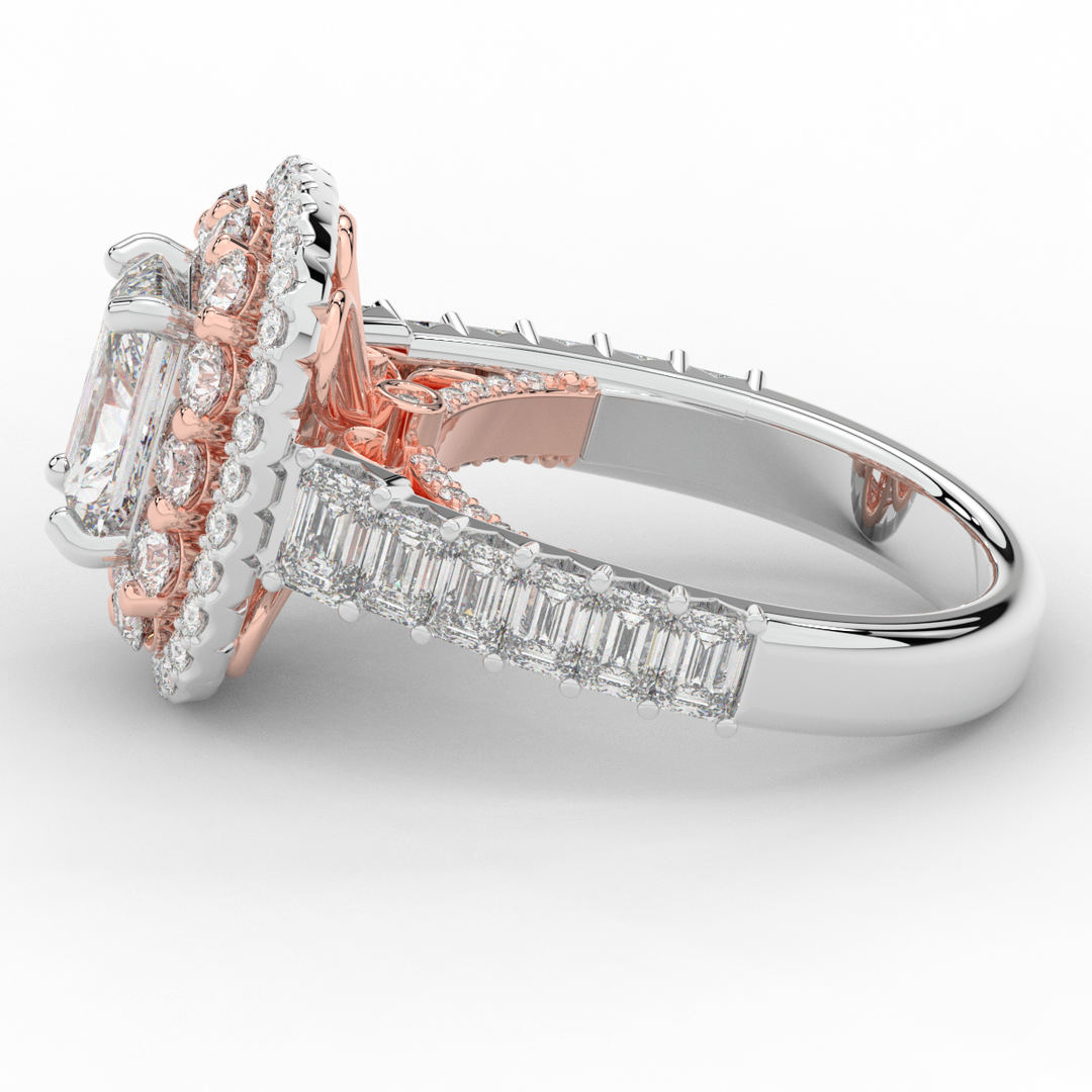 4.70CT.TW RADIANT LAB DIAMOND DOUBLE HALO TWO TONE ENGAGEMENT RING - Nazarelle