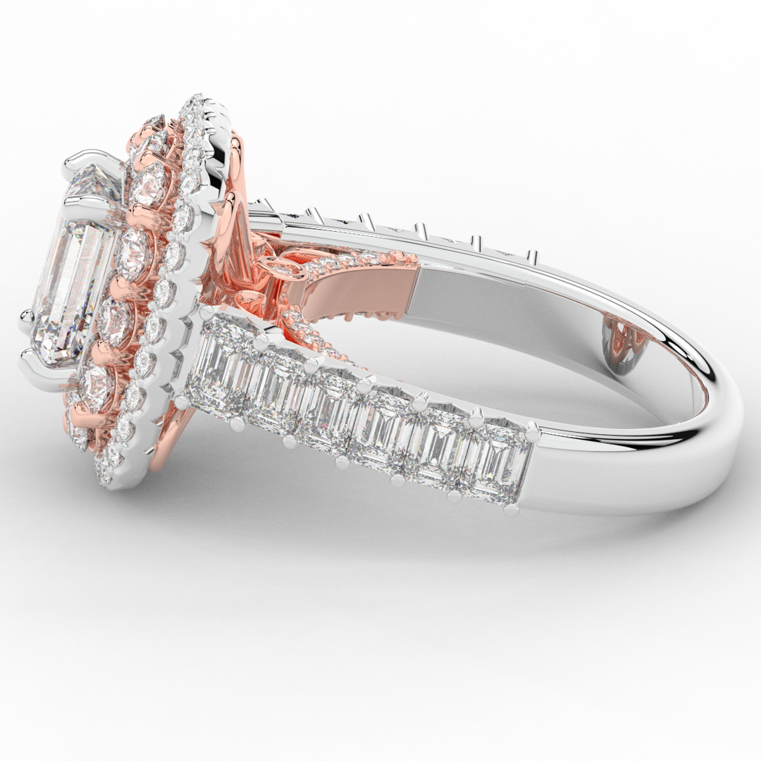 4.70CT.TW EMERALD CUT LAB DIAMOND DOUBLE HALO TWO TONE ENGAGEMENT RING - Nazarelle