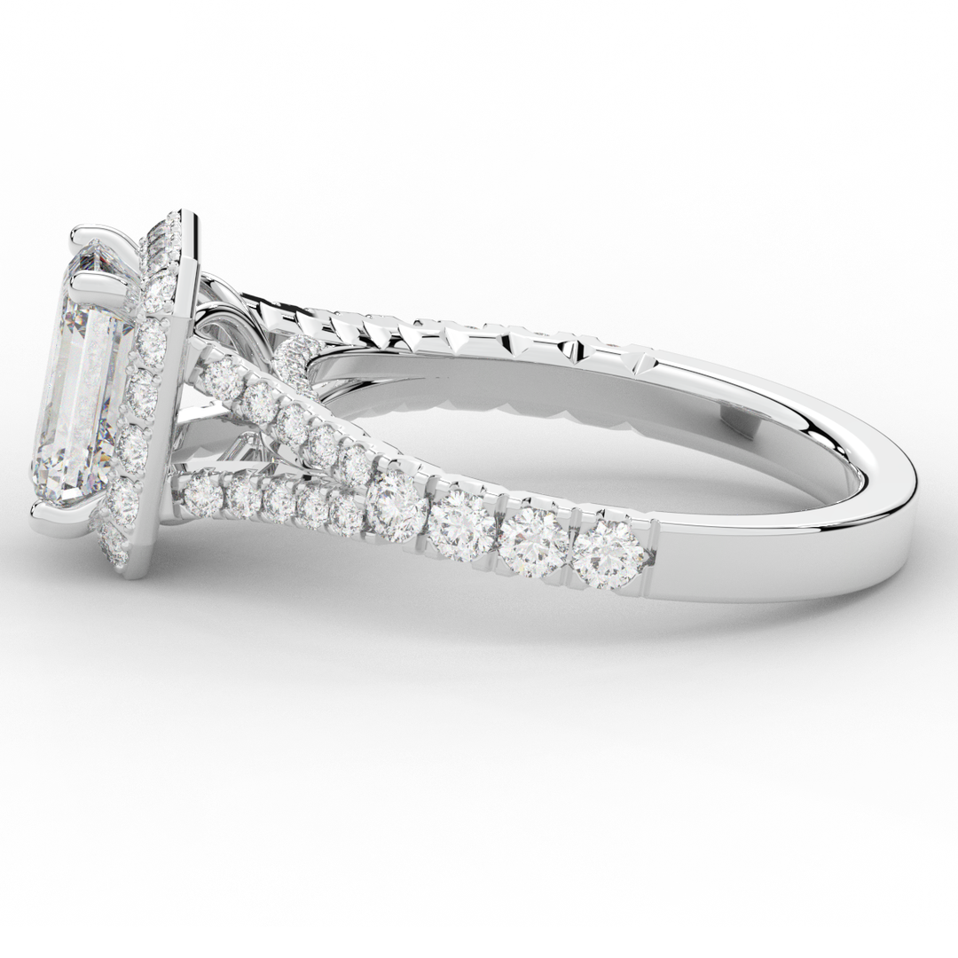 2.60CT.TW EMERALD CUT LAB DIAMOND SPLIT SHANK HALO ENGAGEMENT RING - Nazarelle