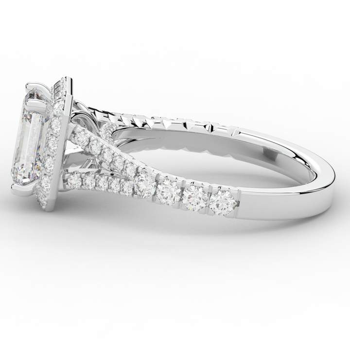 2.60CT.TW EMERALD CUT LAB DIAMOND SPLIT SHANK HALO ENGAGEMENT RING - Nazarelle