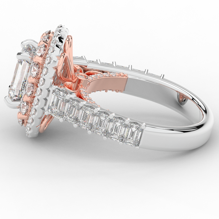 4.70CT.TW EMERALD CUT LAB DIAMOND DOUBLE HALO TWO TONE ENGAGEMENT RING - Nazarelle